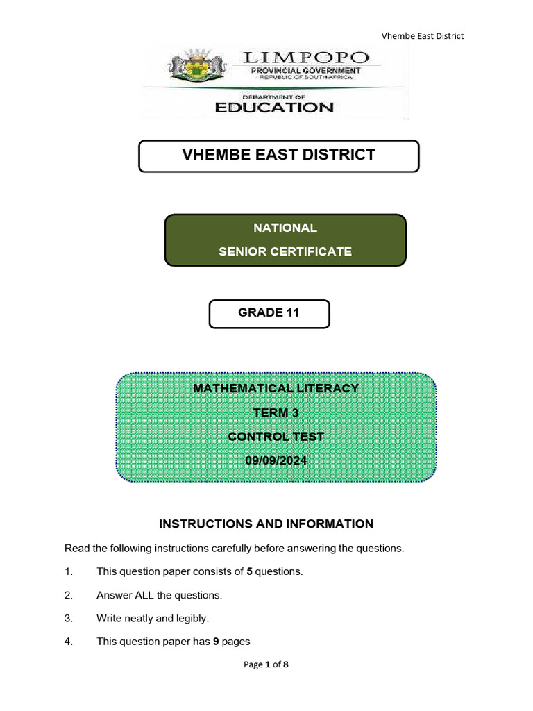 Grade 11 Maths Literacy Term 3 Test | PDF | Expense | Value Added Tax