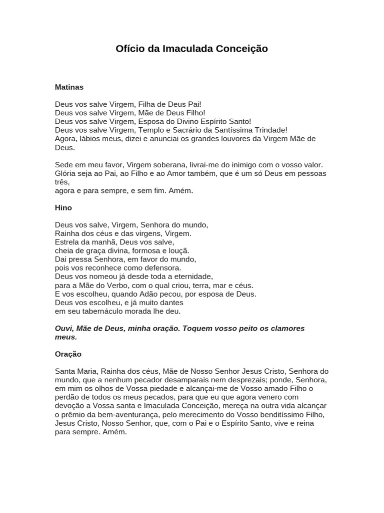 Ofício Da Imaculada Conceição | PDF | Maria, mãe de Jesus | Oração