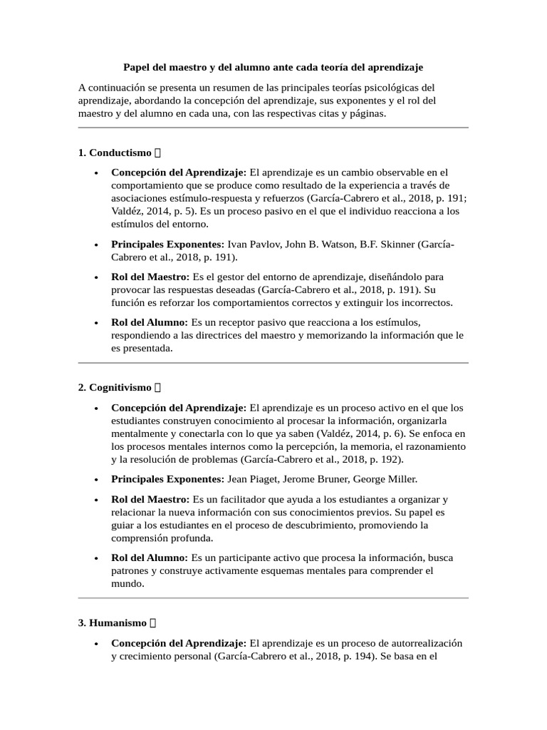 Rol del maestro y alumno en teorías de aprendizaje | PDF | Aprendizaje ...