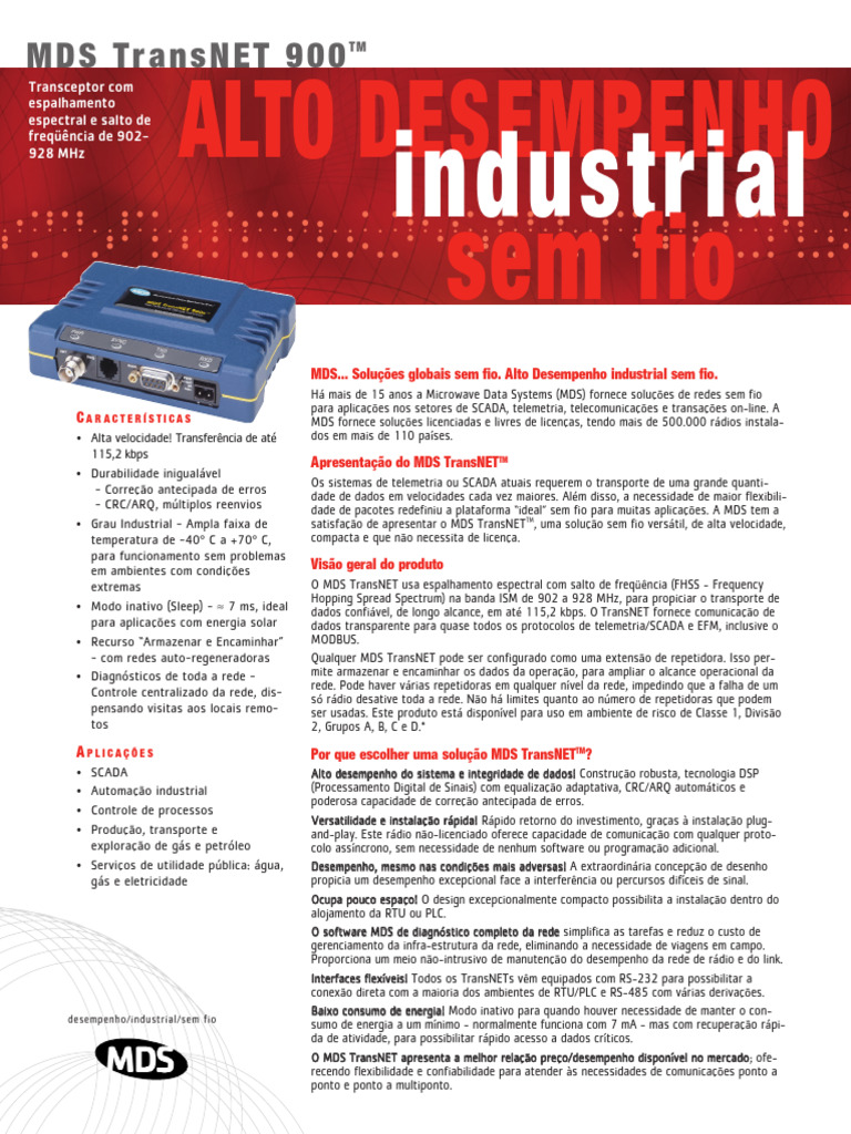 Transceptor Sem Fio MDS TransNET 900 | PDF | Rede de computadores | Scada