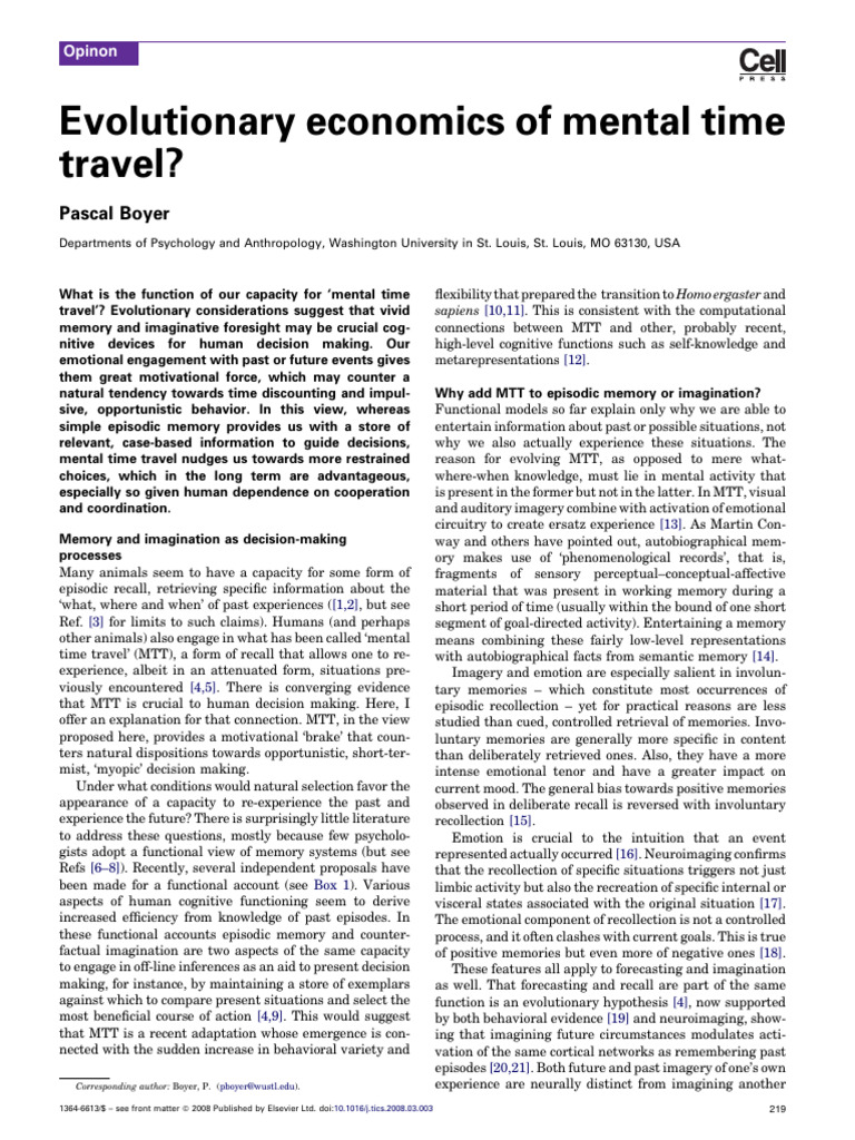 Pascal Boyer (2008) - Evolutionary Economics of Mental Time Travel. 12 ...