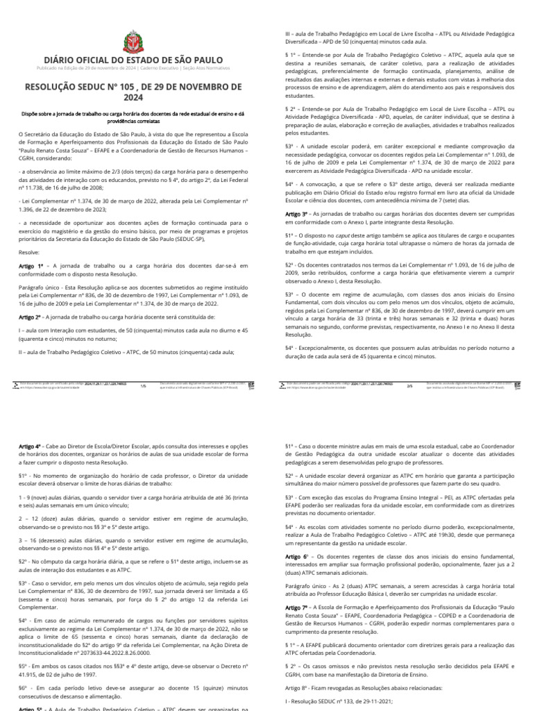 Jornada de Trabalho Docente SEDUC 105/2024 | PDF | Pedagogia | Expediente