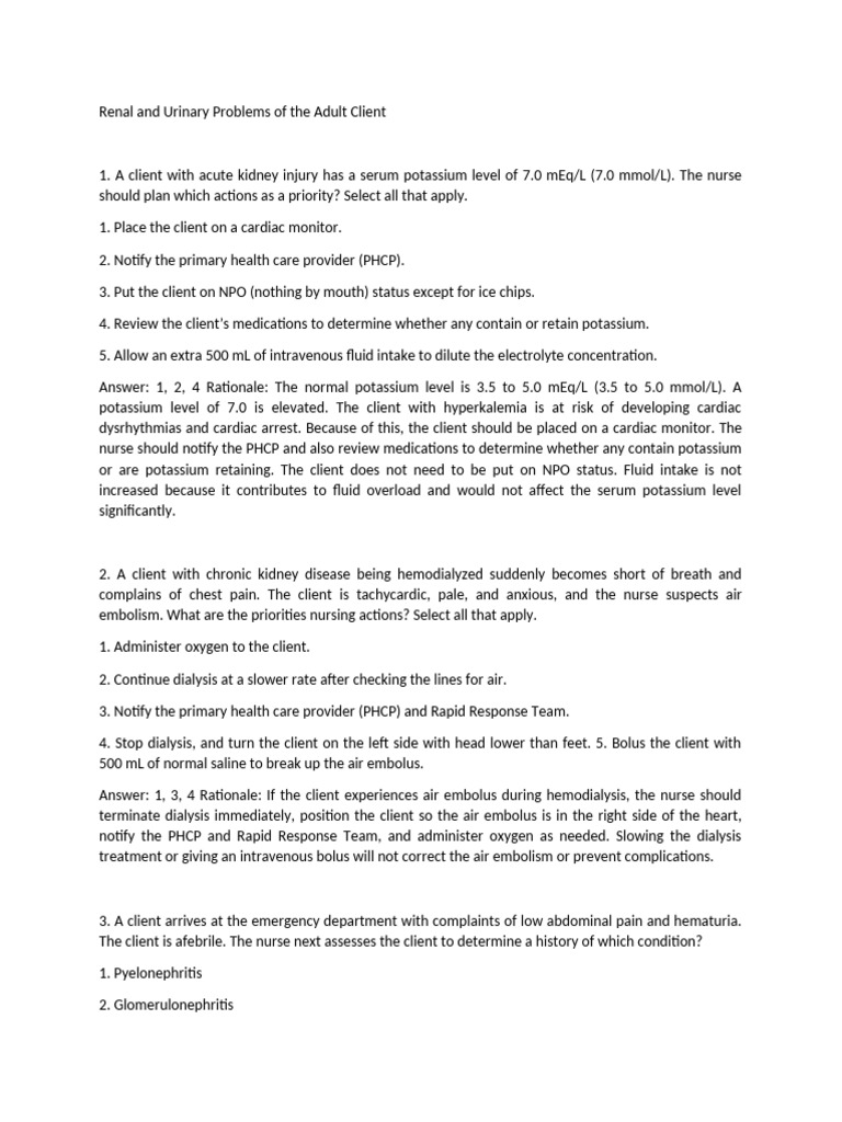 Adult Renal and Urinary Nursing Care | PDF | Kidney | Hemodialysis