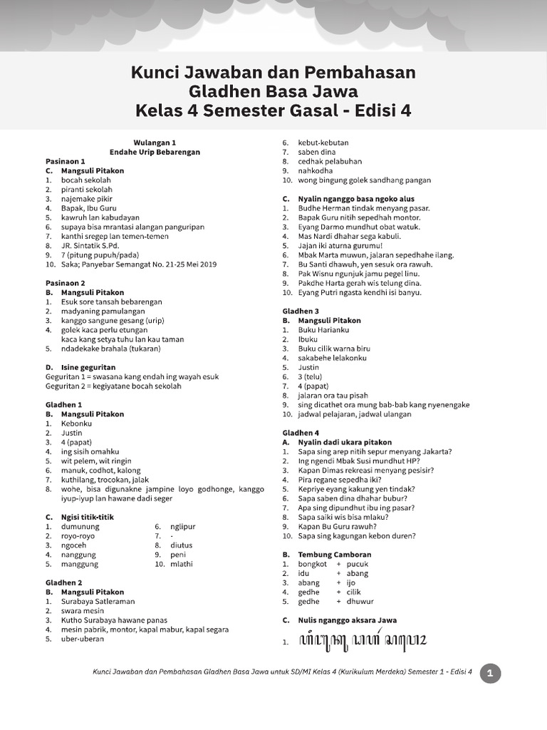 Kunci Gladhen Basa Jawa Kelas 4 SMT 1 - Edisi 4 | PDF