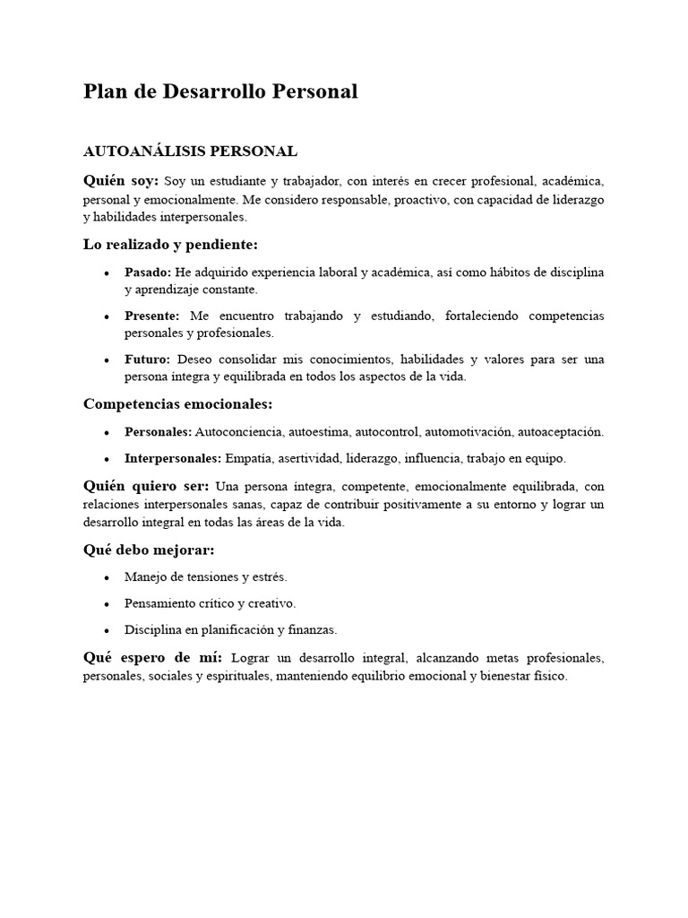 Plan de Desarrollo Personal Integral | PDF | Las emociones | Desarrollo ...