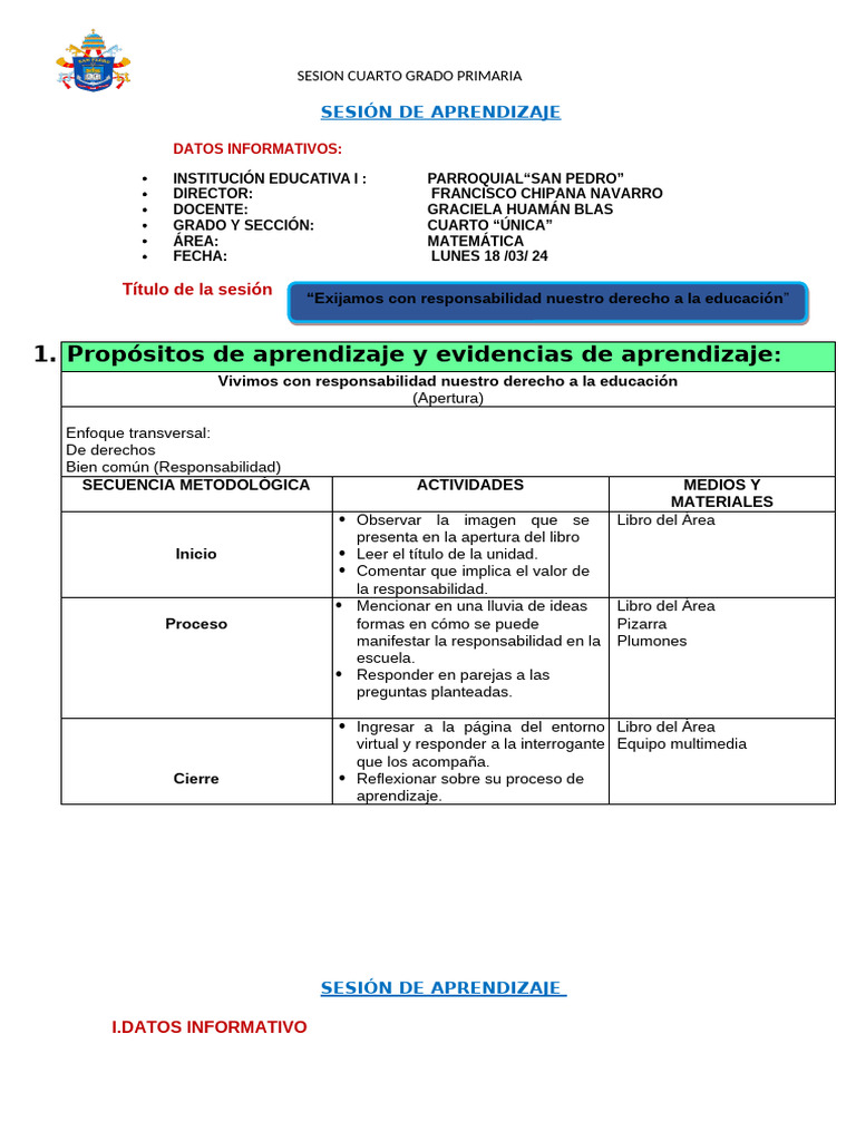 Sesiones de Aprendizaje para Cuarto Grado | PDF | Aprendizaje | Maestros