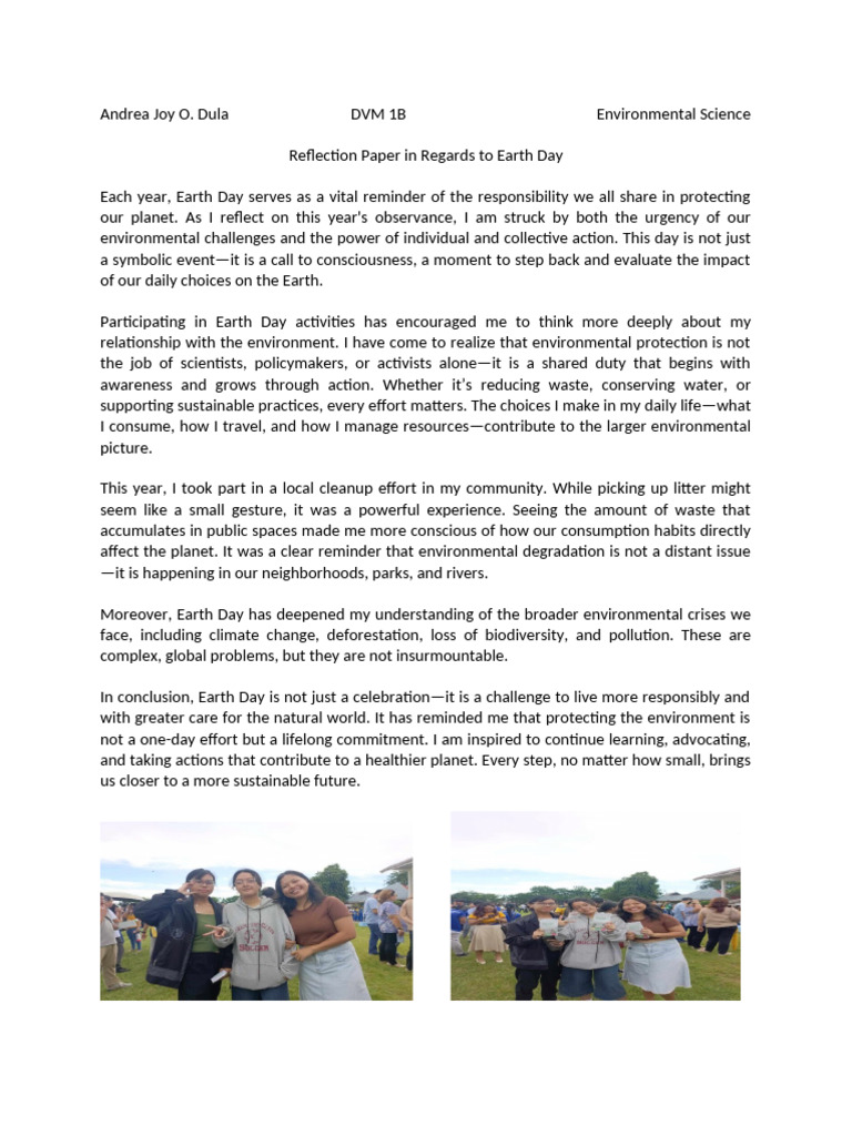 Reflection Paper About Earth Day | PDF