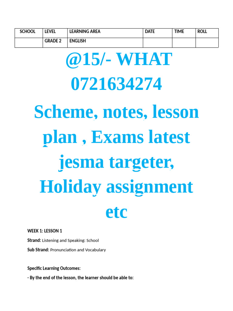 Grade 2 English Lesson Plan Overview | PDF | Reading Comprehension ...