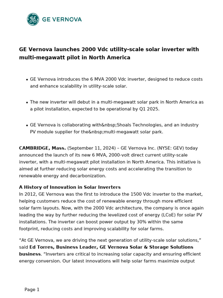 GE Vernova Unveils 2000 Vdc Inverter | PDF | Photovoltaics | Solar Power