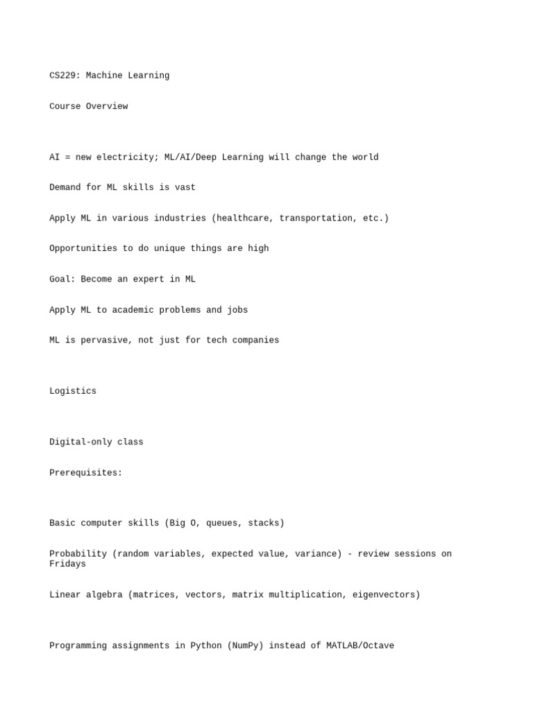 Stanford CS229: Machine Learning Overview | PDF | Machine Learning ...