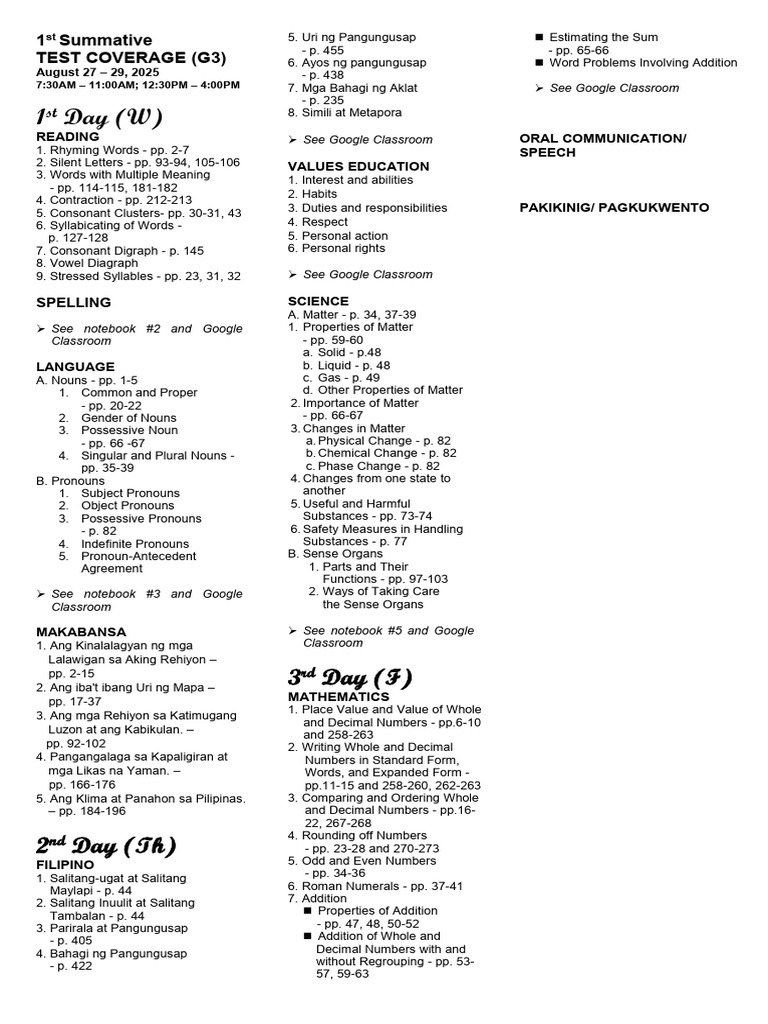 G3 1st Summative Test Coverage 2025 | PDF | Linguistics | Languages