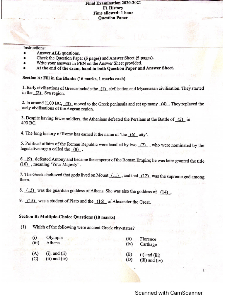 S1 History Final Exam With Answers | PDF