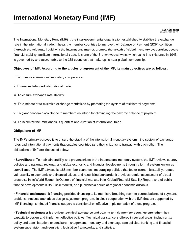 IMF Objectives and Functions Explained | PDF | Special Drawing Rights ...
