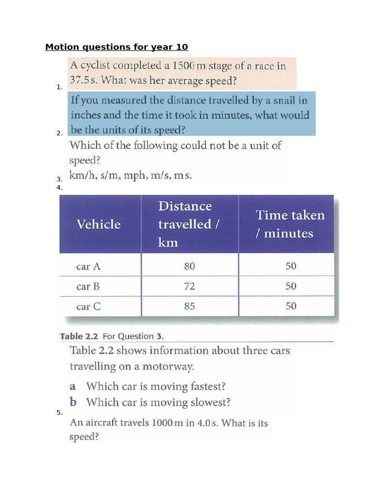 Motion Questions For Year 10 | PDF