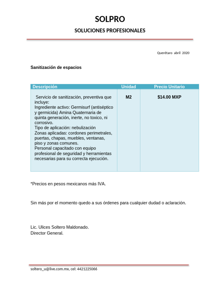 Servicio Sanitizacion Solpro | PDF