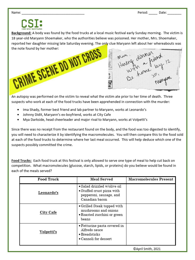 Macromolecule Murder Mystery Lab Sheet | PDF | Carbohydrates | Starch