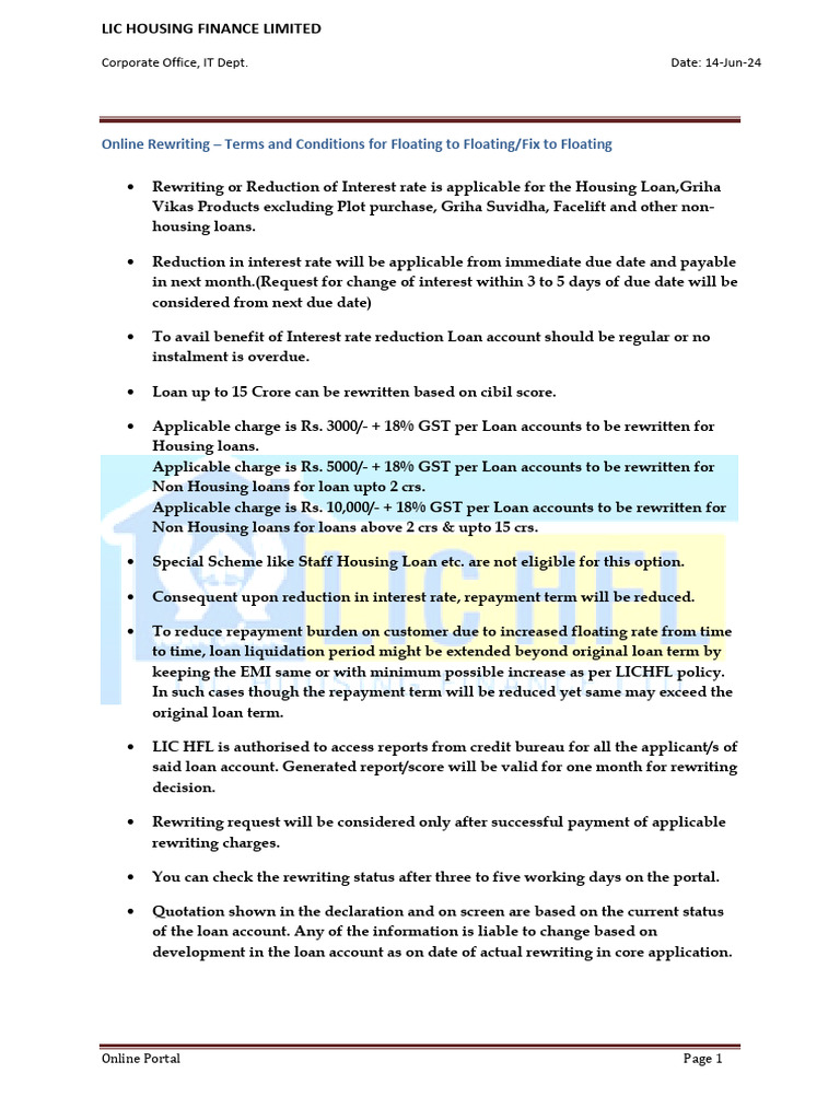 LIC Home Loan Rewriting Terms | PDF | Loans | Interest