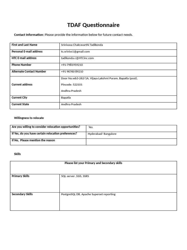 TDAF Questionnaire: Contact & Skills Info | PDF