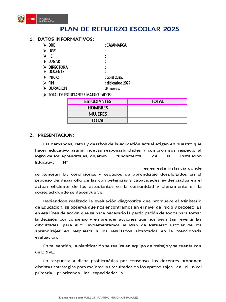 Plan de Refuerzo Escolar 2025 en Cajamarca | PDF | Evaluación | Aprendizaje