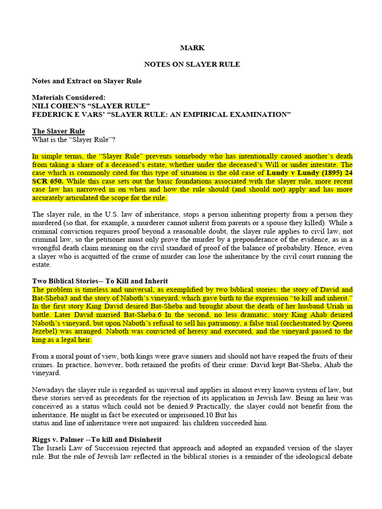 Slayer Rule, Notes and Extract by Mark-1 | PDF | Common Law | Justice