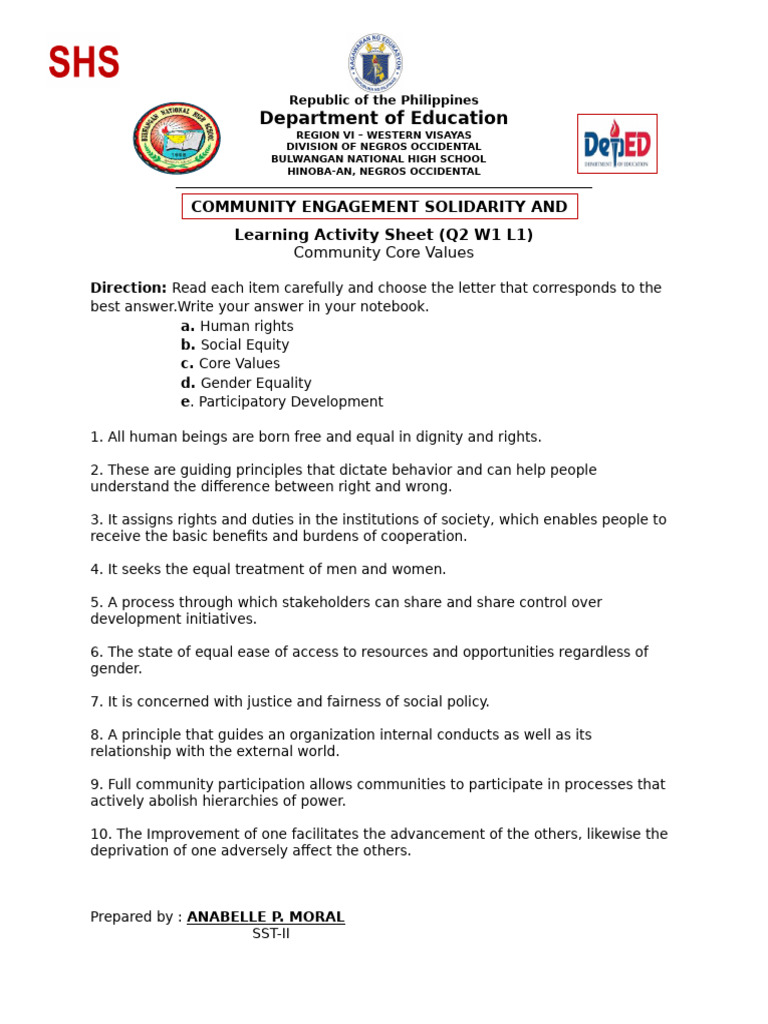 Community Core Values Learning Sheet | PDF