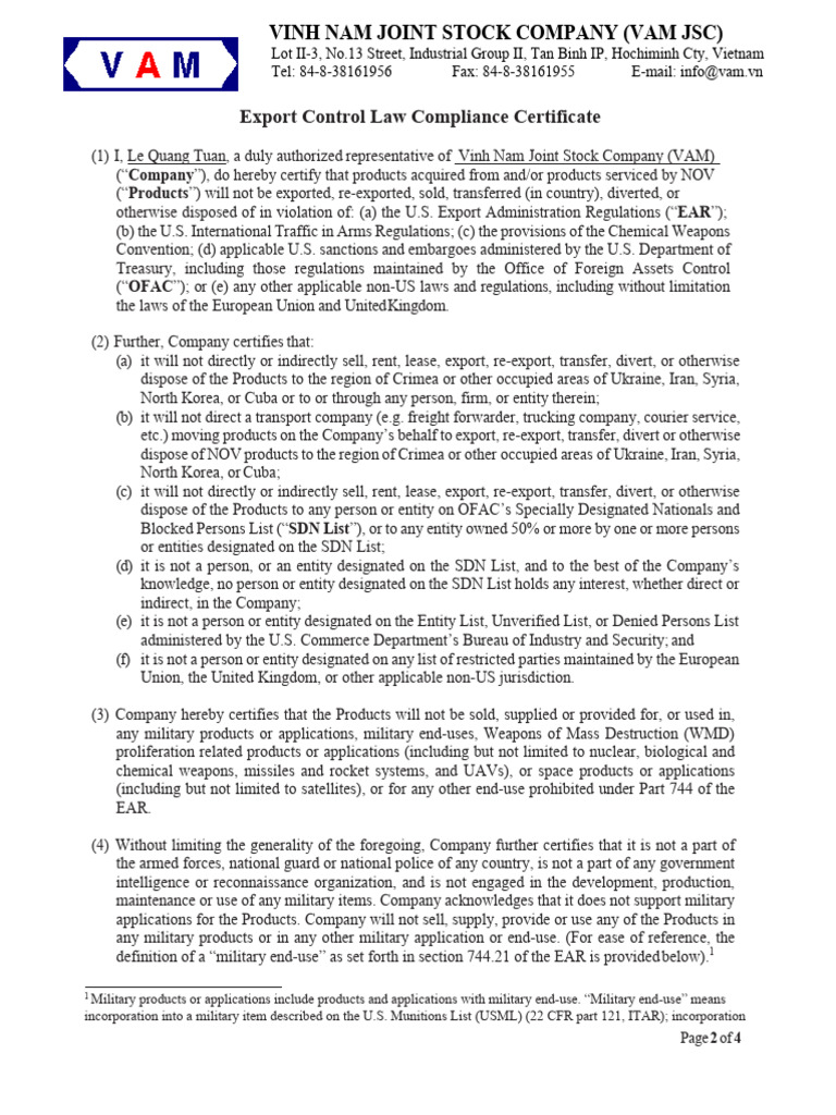 Export Control Compliance Certification | PDF | Office Of Foreign ...