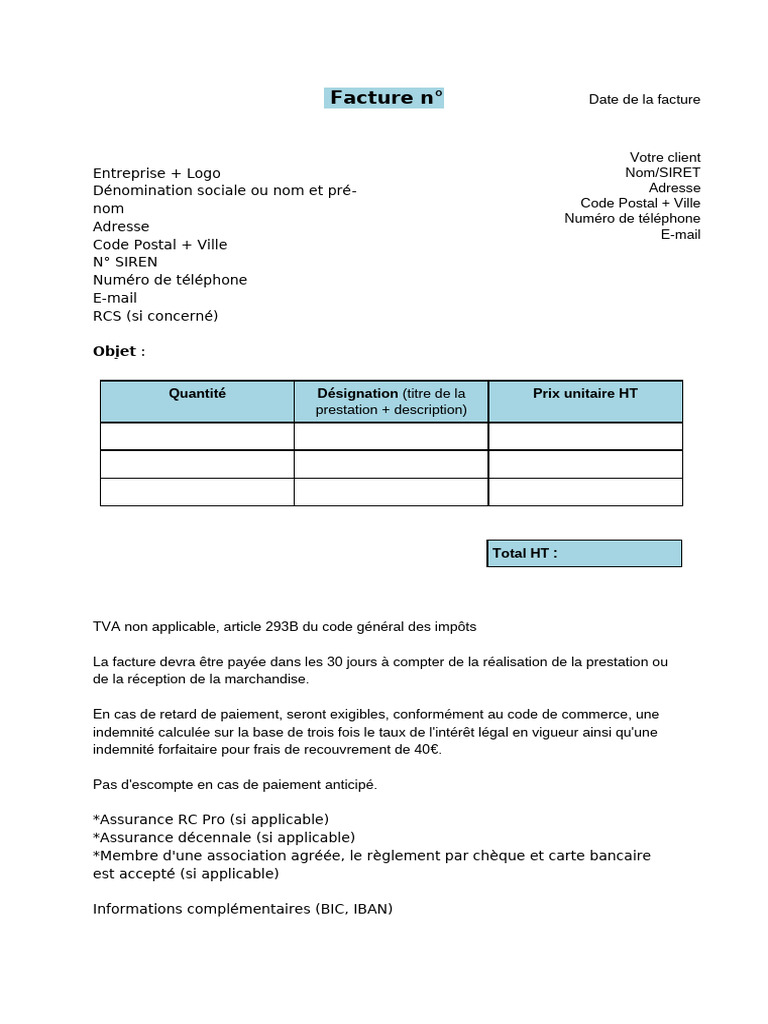 Mod le De Facture Sans TVA Gratuit PDF
