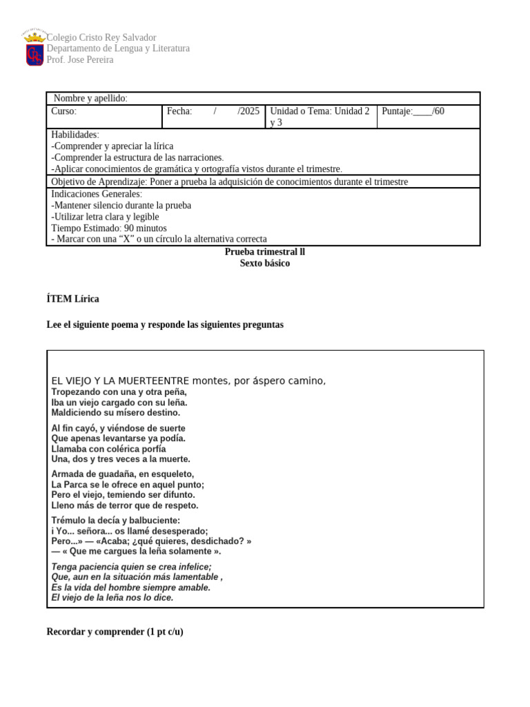 Prueba Trimestral de Lengua y Literatura | PDF | Narración