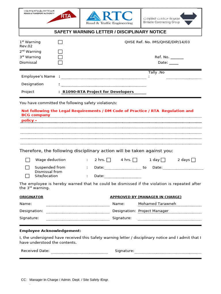 Safety Violation Warning Notice | PDF