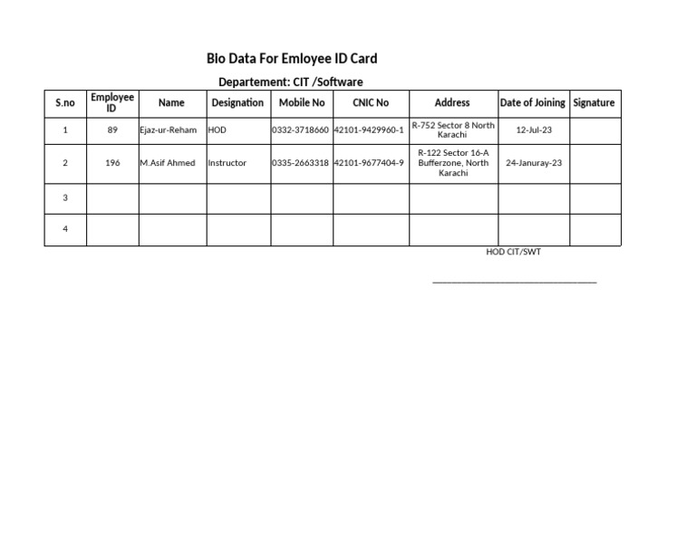 Employee ID Card Bio Data Template | PDF