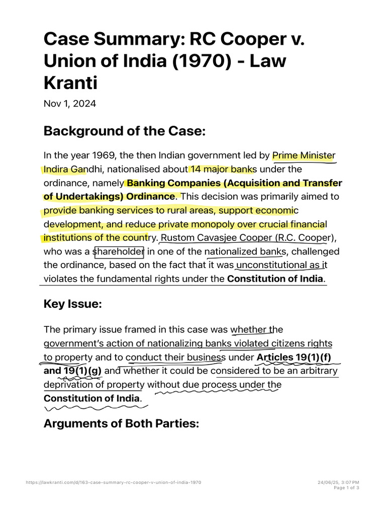 RC Cooper v. Union of India Case Summary | PDF | Right To Property ...