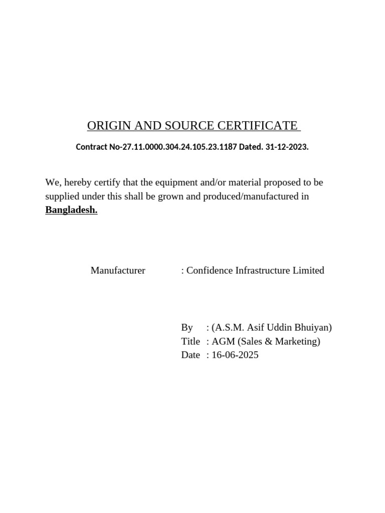 Origin Certificate for Bangladesh Equipment | PDF