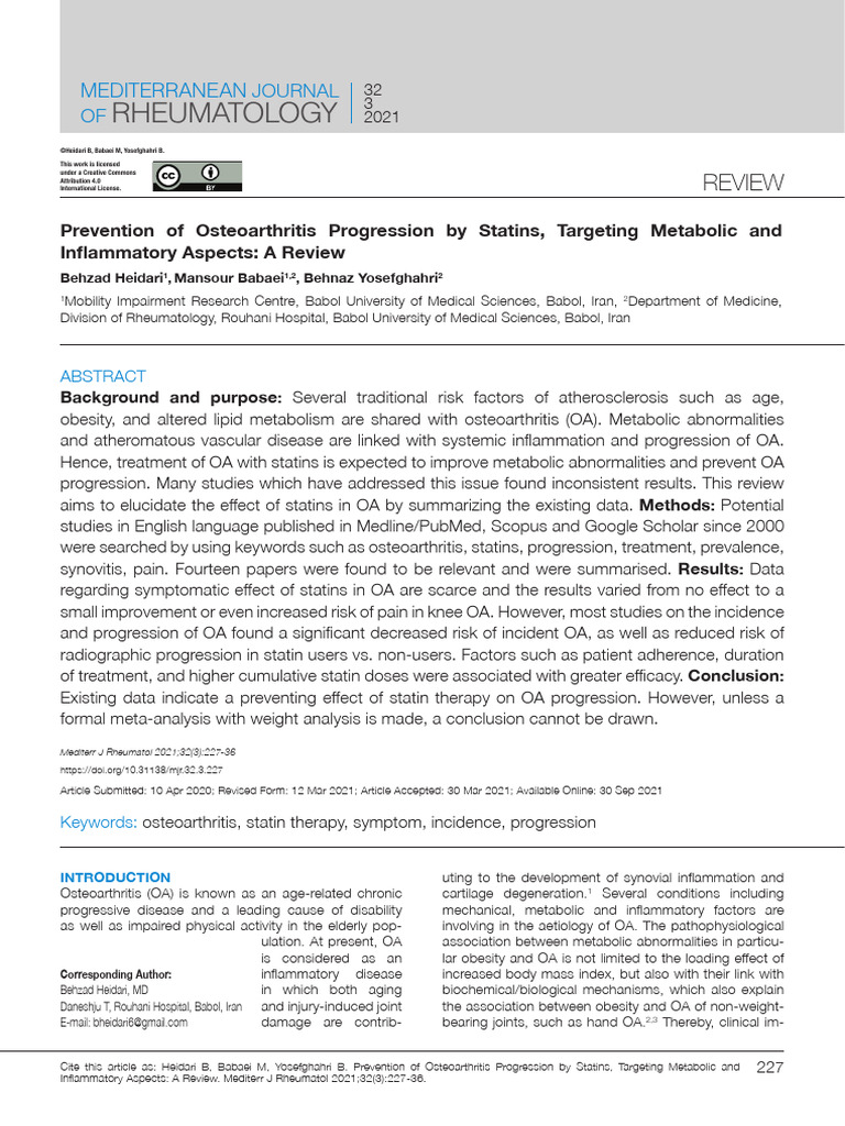 Prevention of Osteoarthritis Progression by Statins, Targeting ...
