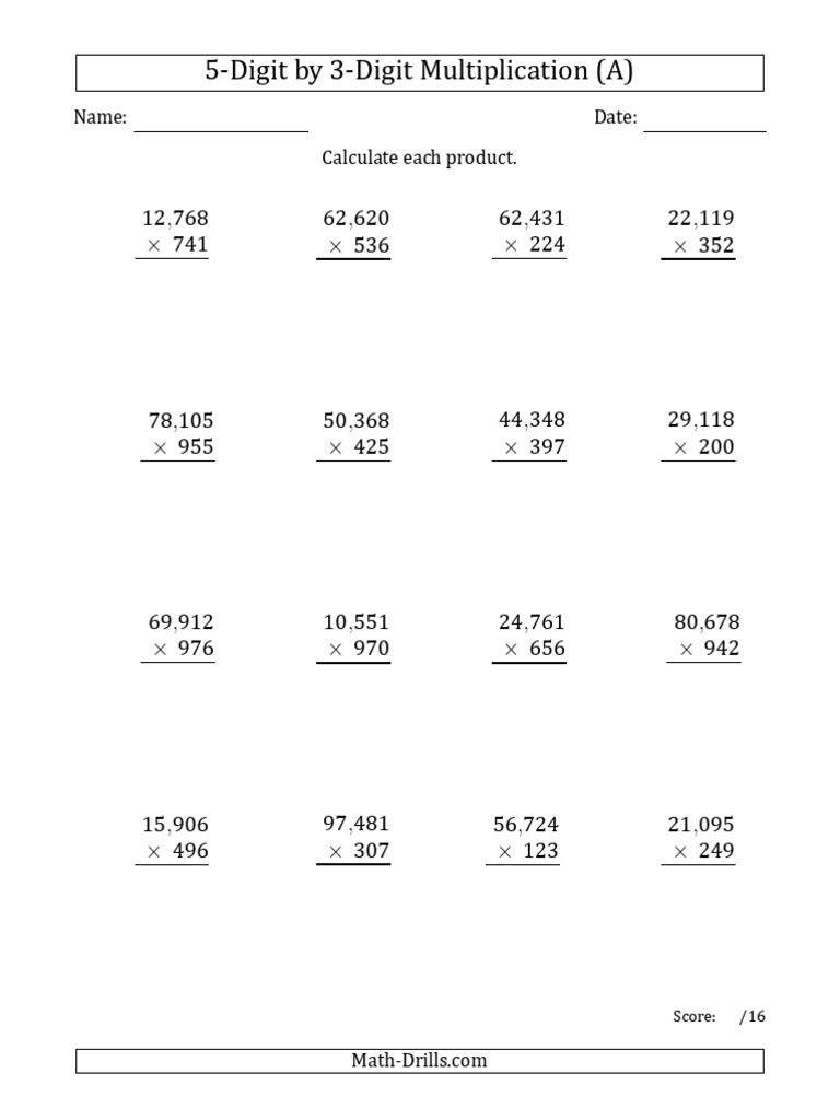 Multiplication 5-Digit x 3-Digit Exercises | PDF