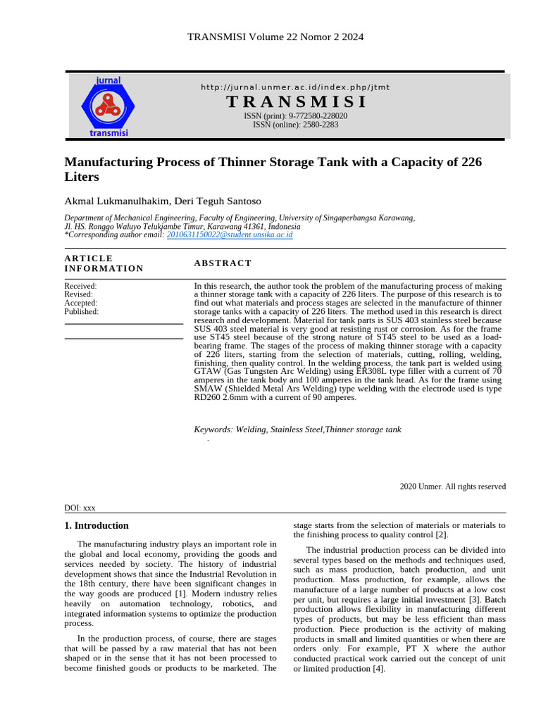 Manufacturing 226L Thinner Storage Tank | PDF | Welding | Construction
