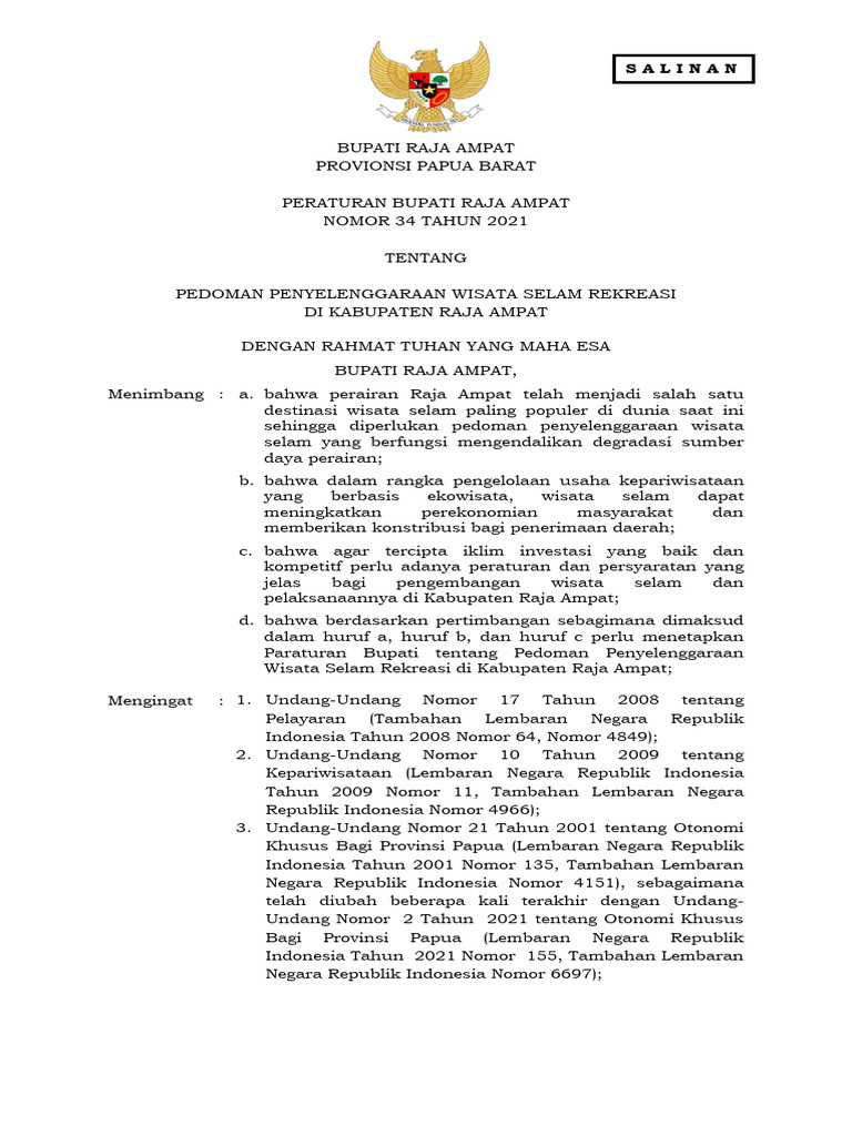 PERBUP Raja Ampat No 34 Tahun 2021 Tentang Wisata Selam Rekreasi | PDF