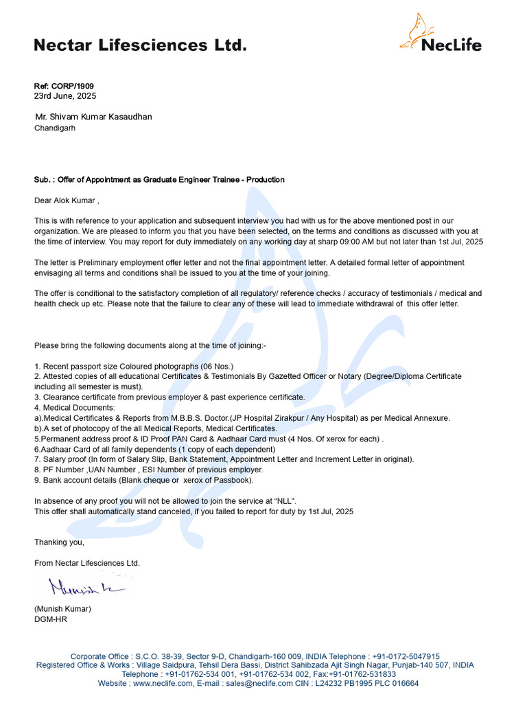 Graduate Engineer Trainee Offer Letter | PDF