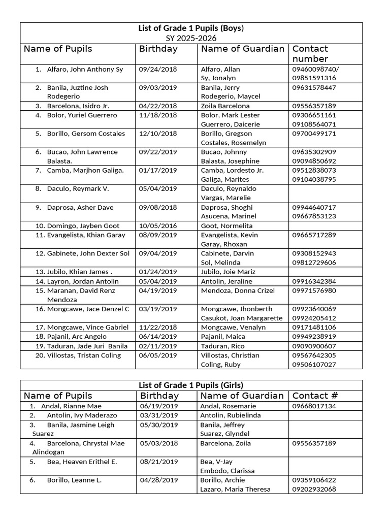 Grade 1 Pupils Selection List 2025 | PDF