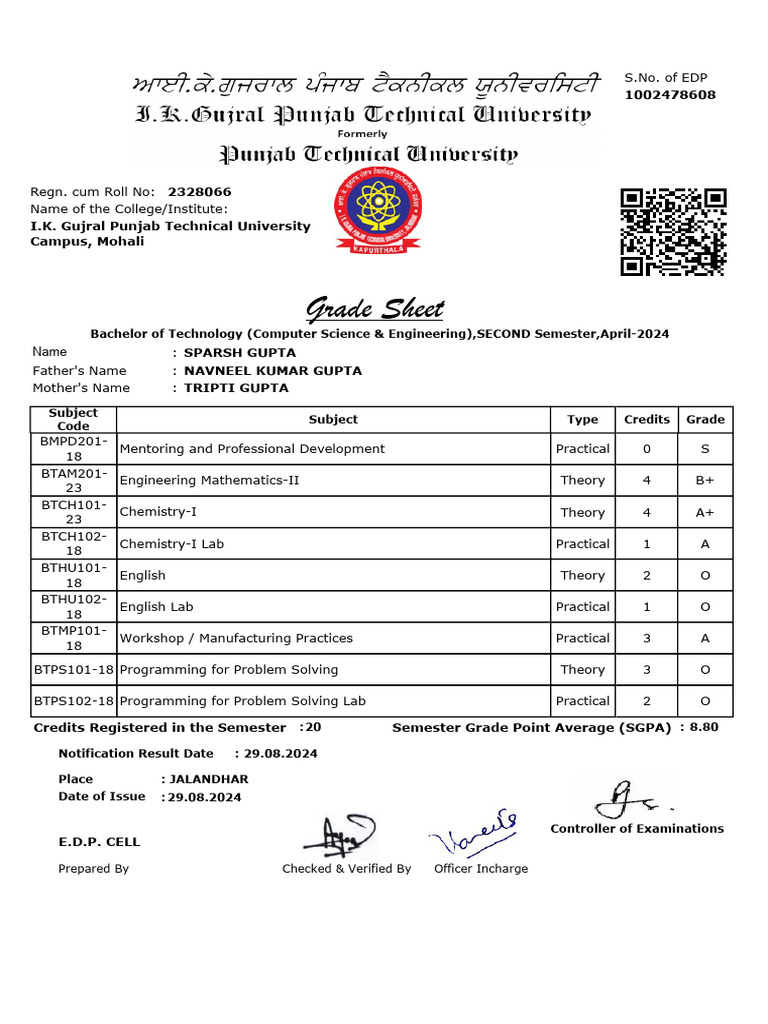 B.Tech Computer Science Grade Sheet | PDF