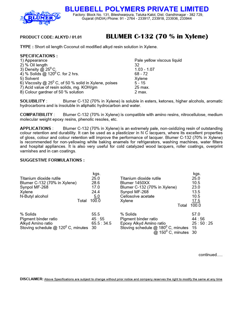 Blumer C-132 Alkyd Resin Specifications | PDF | Materials | Chemical ...