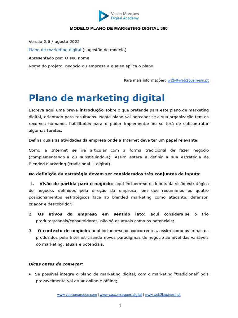 Modelo de Plano de Marketing Digital 360 | PDF | Marketing | Marketing ...