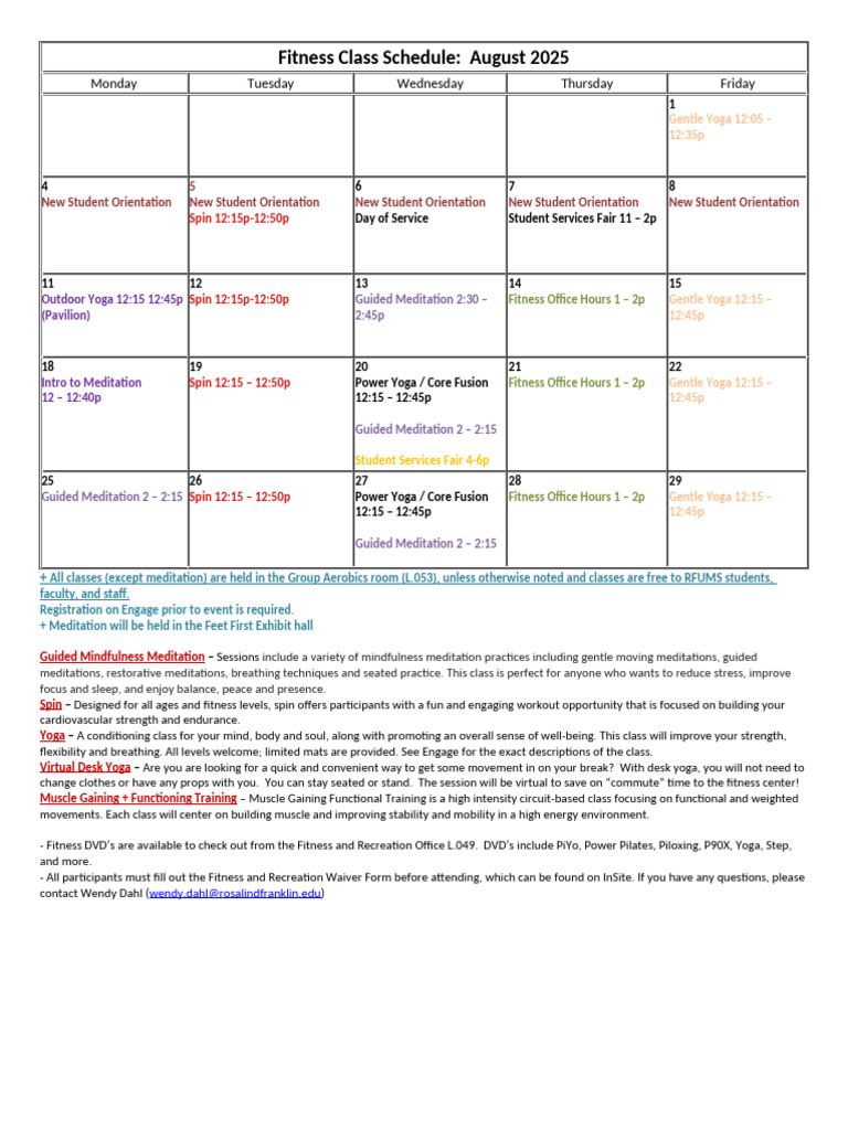 August 2025 Fitness Class Schedule | PDF | Meditation | Pilates