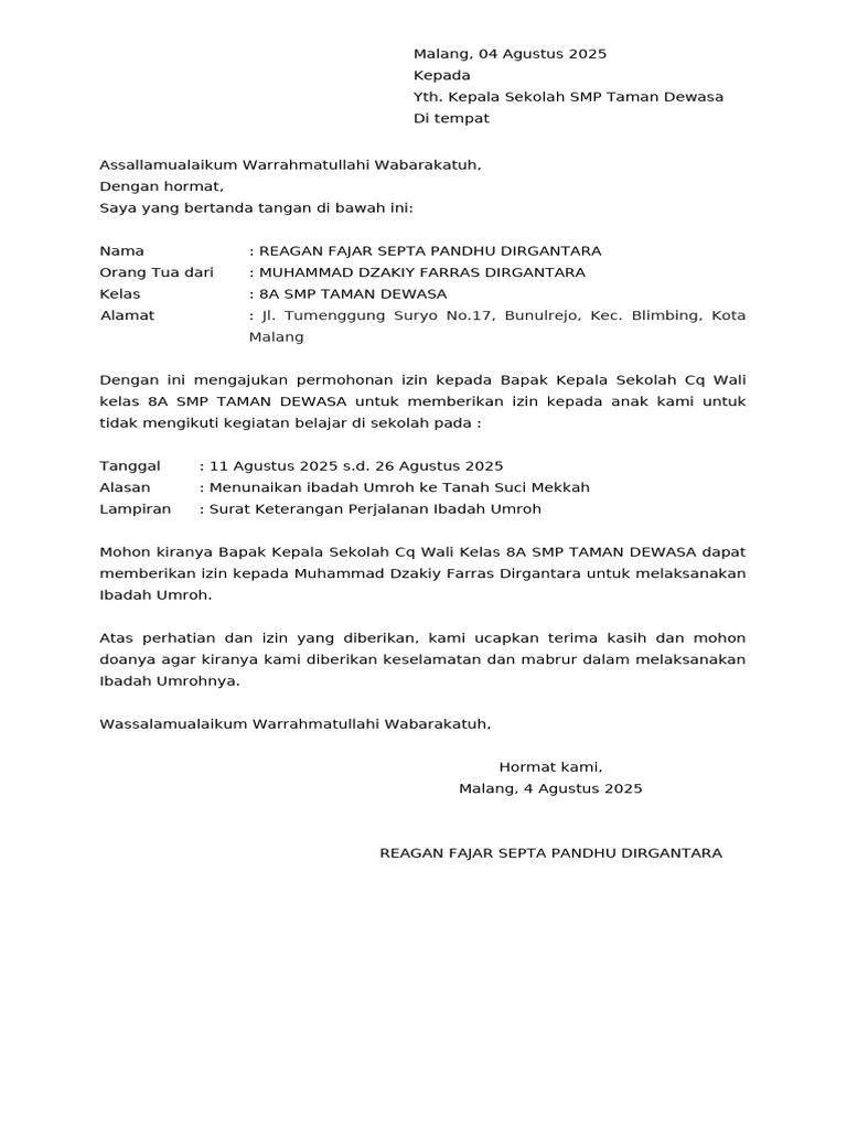 Surat Izin Umroh Kakak | PDF