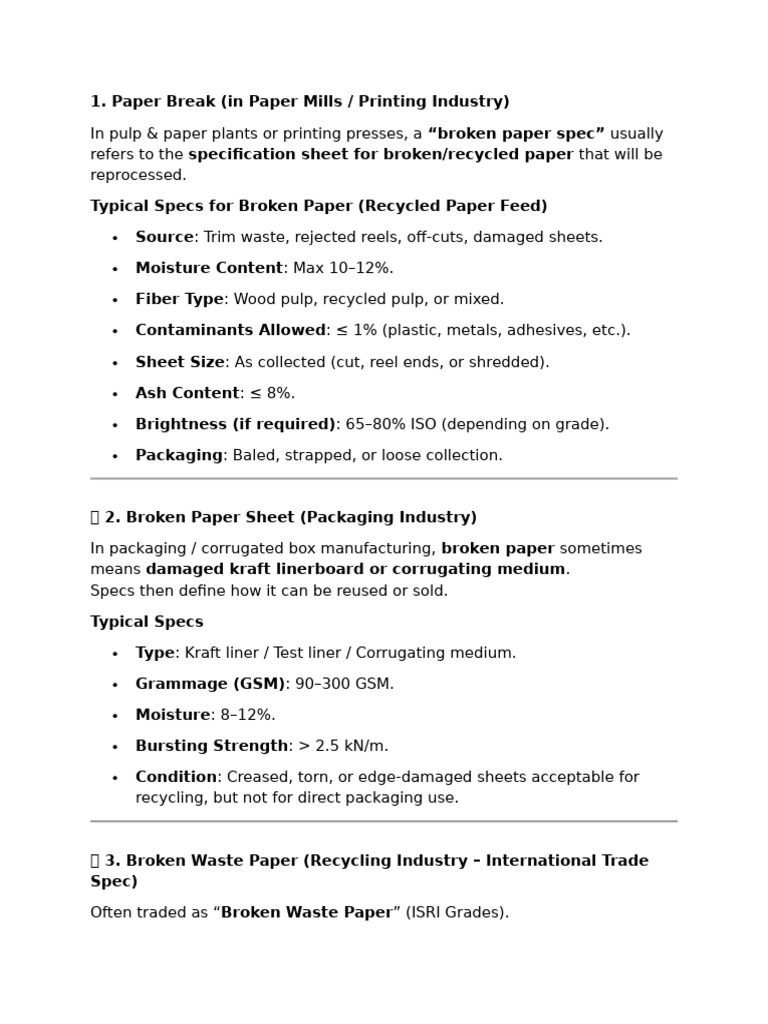 Specifications for Broken Paper Types | PDF
