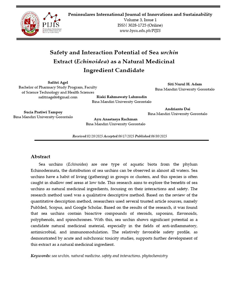 Sea Urchin Extracts: Safety & Medicinal Potential | PDF | Inflammation ...
