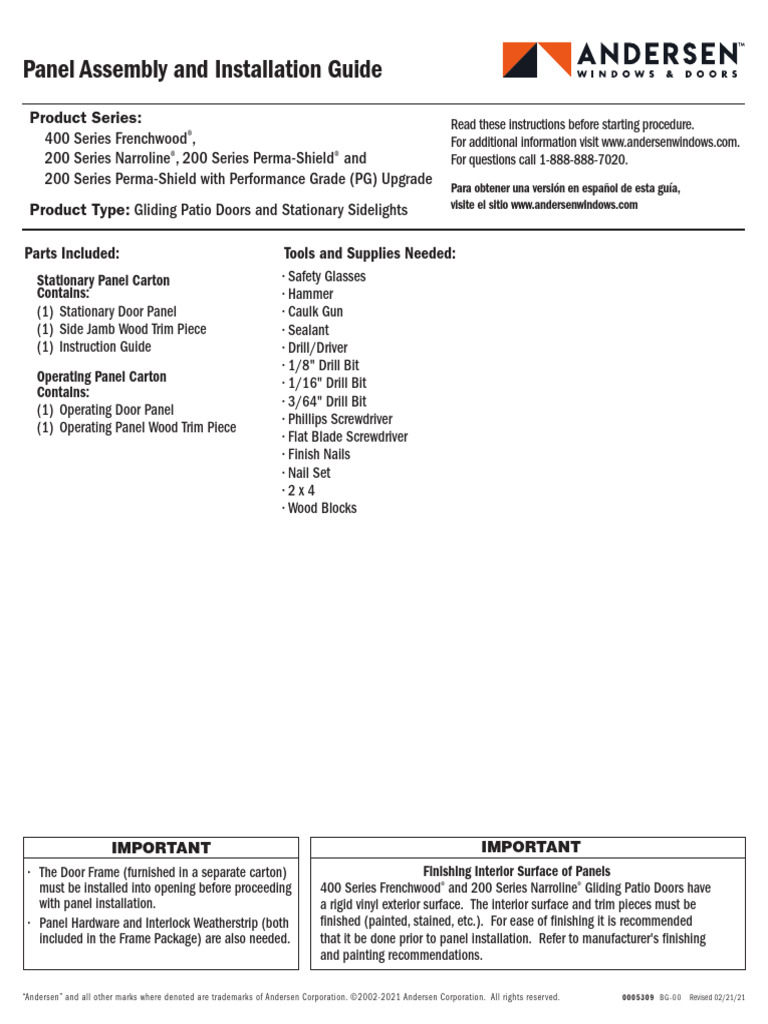 Andersen Patio Door Installation Guide | PDF | Door | Glasses