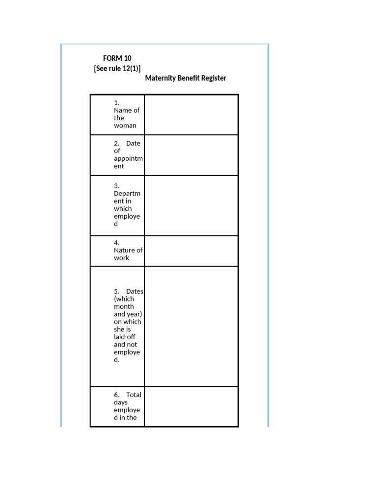 Maternity Benefit Register Form 10 | PDF