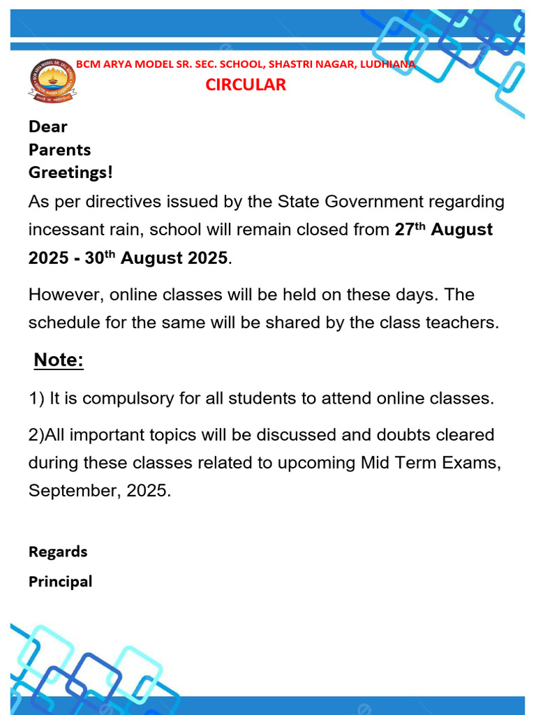School Closure Notice & Online Classes | PDF