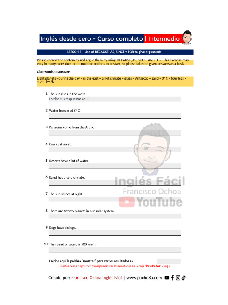Lesson 3 - Use of Because, As, Since y For To Give Arguments. | PDF ...