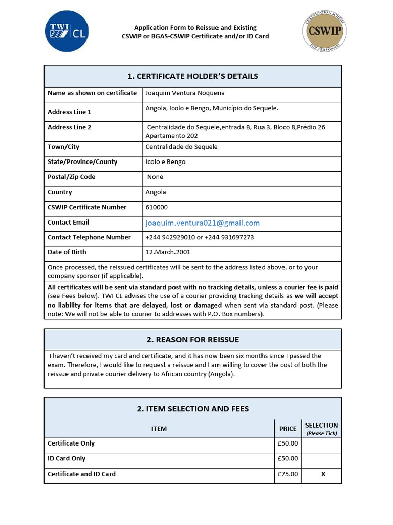 CSWIP Certificate Reissue Application Form | PDF | Debit Card | Payments
